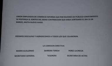 UEC posterga el Sorteo del Bono Contribución correspondiente a marzo 2020.