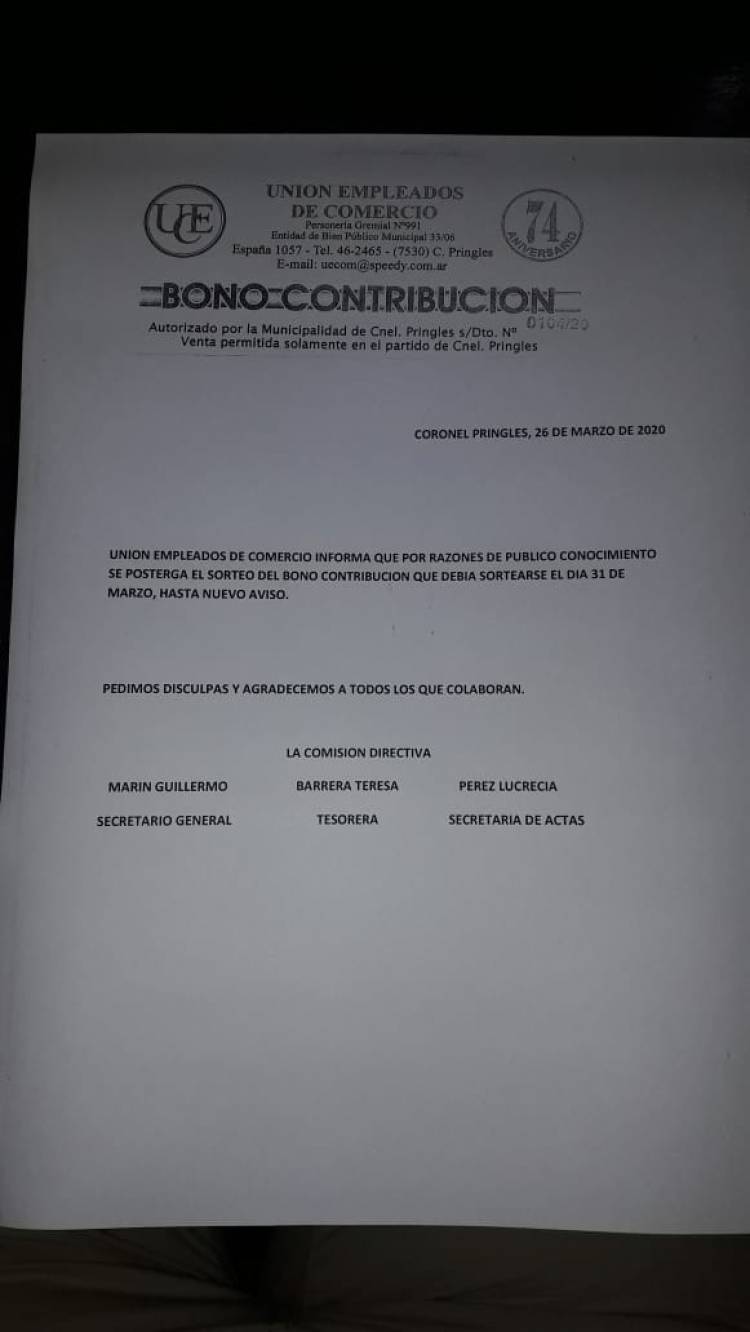 UEC posterga el Sorteo del Bono Contribución correspondiente a marzo 2020.